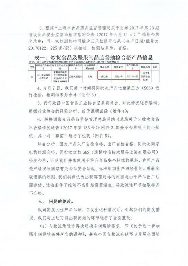 三只松鼠回应开心果霉菌超标：送检合格，会召回该批次库存