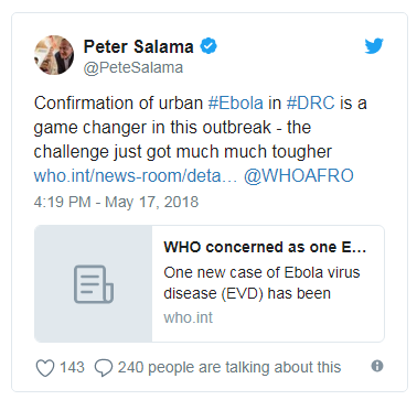 在刚果（金）大城市发现的埃博拉疫情引发大爆发的恐慌