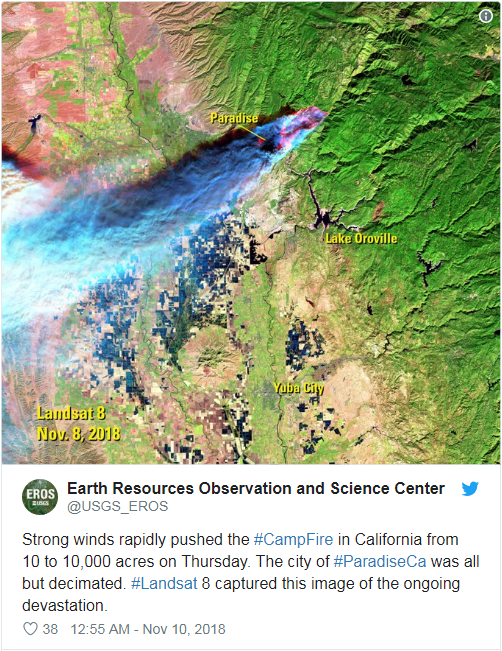 NASA分享卫星拍摄的北加州山火照片 浓烟影响多地