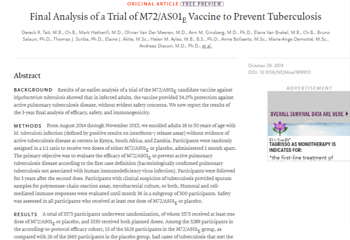 具有里程碑意义的结核病疫苗已进入人体试验的最终阶段