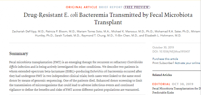 研究称与粪便微生物菌群移植有关的死亡事件与大肠杆菌有关