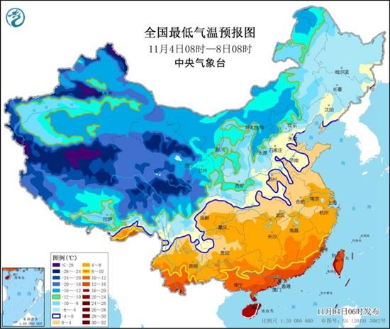 寒潮黄色预警持续：局地降温16℃以上 天气预报图冷到发紫