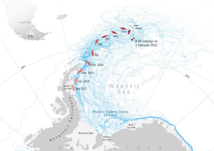 南极A-68巨型冰山向海洋注入了1520亿吨淡水